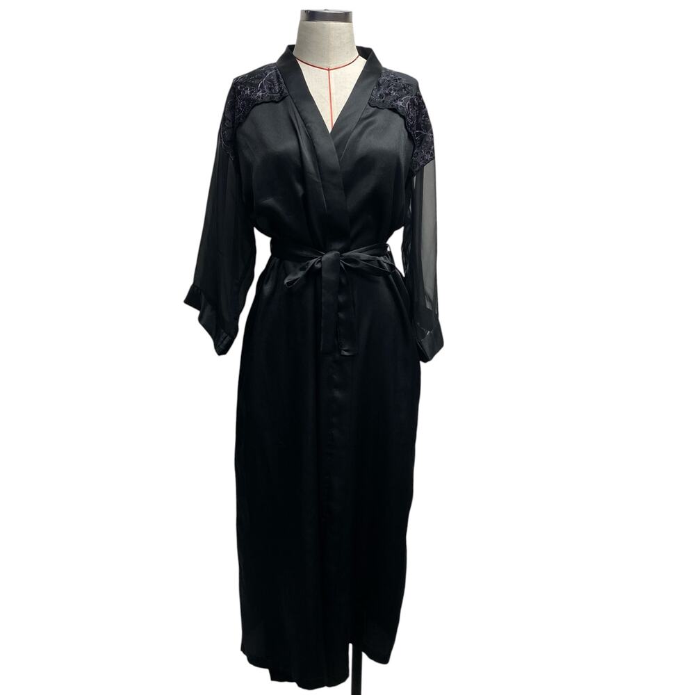 Vintage Private Luxuries Womens Size M Black Satin Sheer Sleeve Embroidered Robe